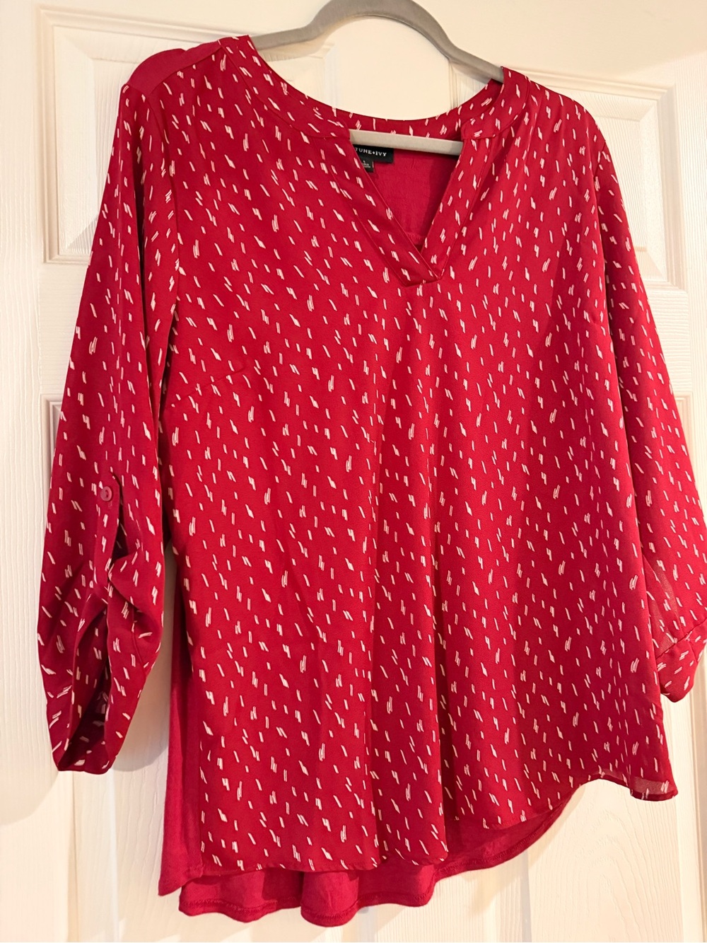Women's Red V-Neck Printed Roll-Sleeve Blouse